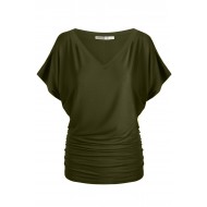 WOMEN'S SOLID SHORT SLEEVE V NECK DOLMAN TOP WITH SIDE SHIRRING