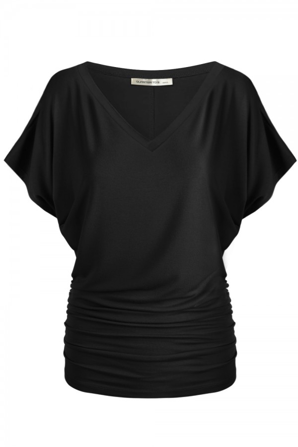 WOMEN'S SOLID SHORT SLEEVE V NECK DOLMAN TOP WITH SIDE SHIRRING