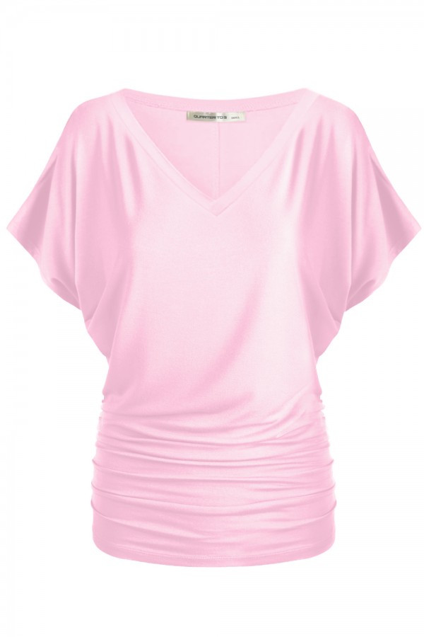 WOMEN'S SOLID SHORT SLEEVE V NECK DOLMAN TOP WITH SIDE SHIRRING