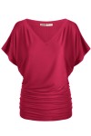 WOMEN'S SOLID SHORT SLEEVE V NECK DOLMAN TOP WITH SIDE SHIRRING