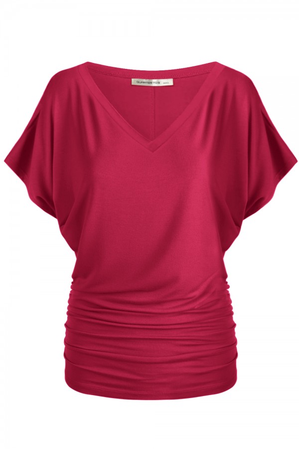 WOMEN'S SOLID SHORT SLEEVE V NECK DOLMAN TOP WITH SIDE SHIRRING