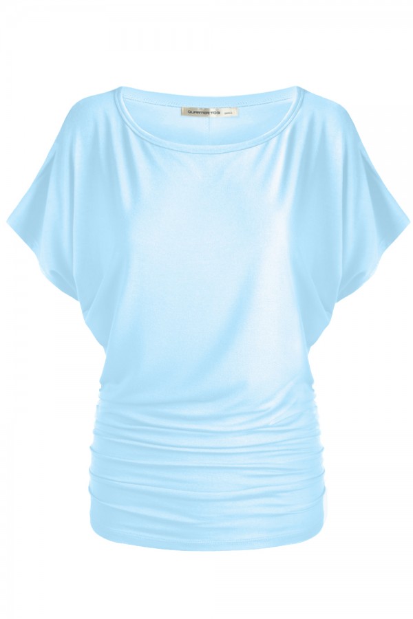 Women's Solid Short Sleeve Boat Neck Dolman Top with Side Shirring