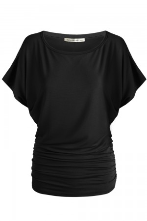 Women's Solid Short Sleeve Boat Neck Dolman Top with Side Shirring