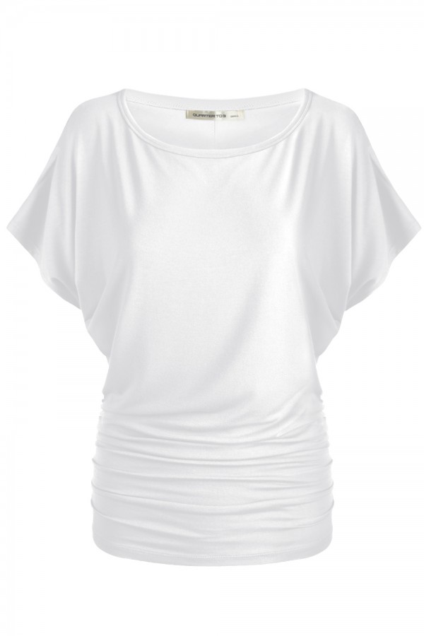 Women's Solid Short Sleeve Boat Neck Dolman Top with Side Shirring