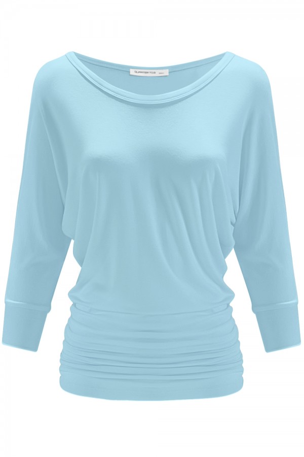 Women's Solid Short Sleeve Boat Neck Dolman Top with Side Shirring