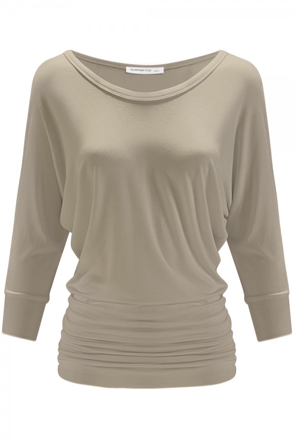 Women's Solid Short Sleeve Boat Neck Dolman Top with Side Shirring