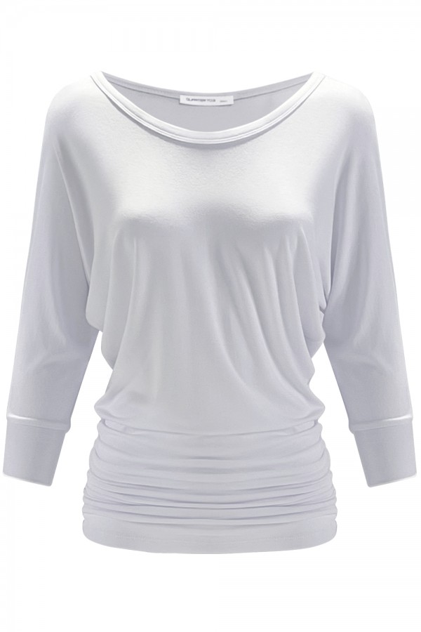 Women's Solid Short Sleeve Boat Neck Dolman Top with Side Shirring